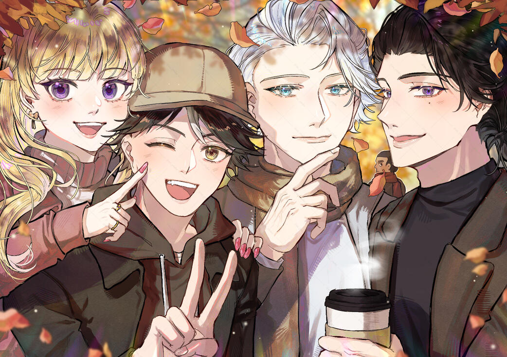 Illustration of the character Moon, Lin Ling, Nice and Wreck (+Firm man) in casual autumn clothes from the show To Be Hero X.