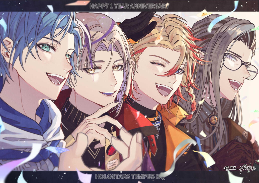 Celebration art for the 1st anniversary of the Vtuber group Holostars English Tempus HQ with the members Regis Altare, Magni Dezmond, Axel Syrios & Vesper Noir.
