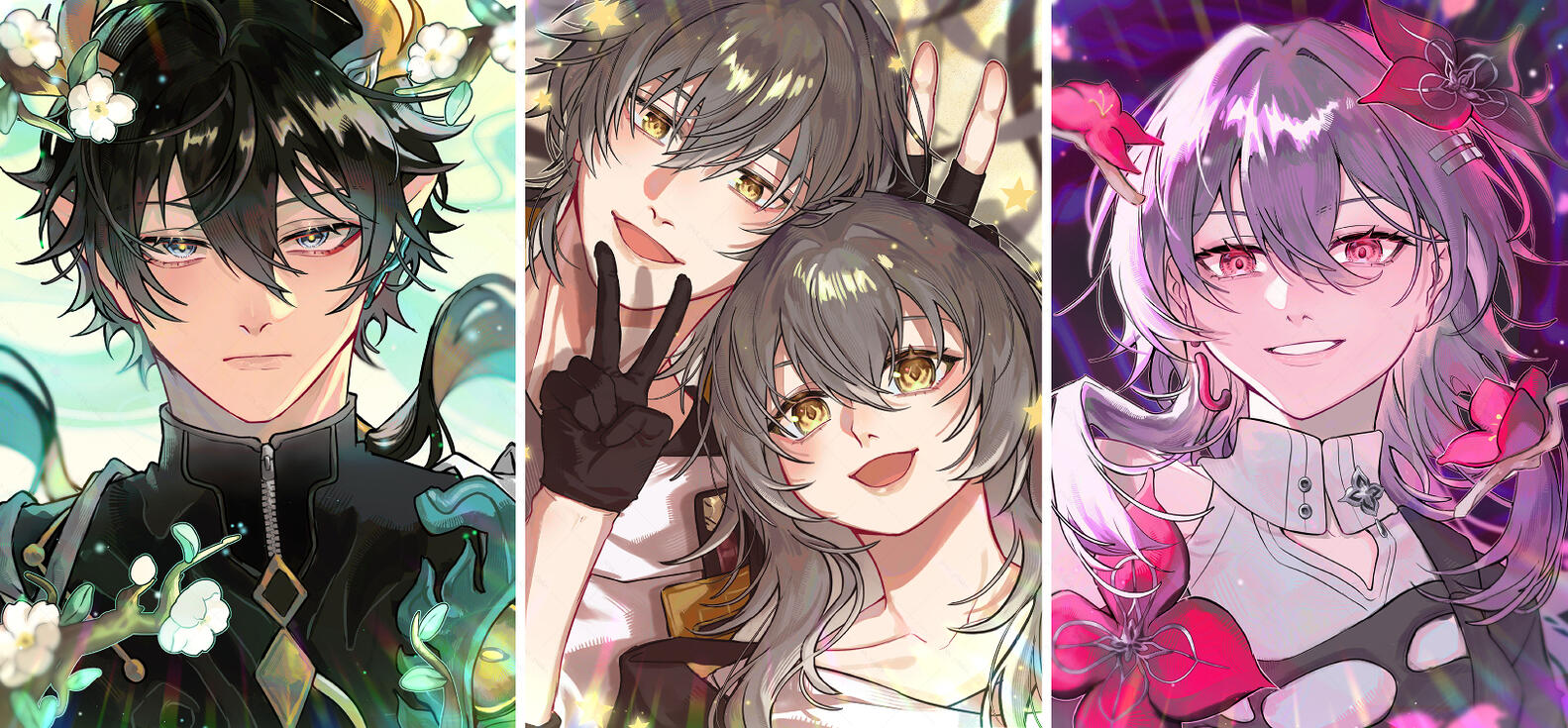 Illustration of the characters Dan Heng (Permansor Terrae version), Stelle, Caelus and March in the Evernight form, from the game Honkai Star Rail.
