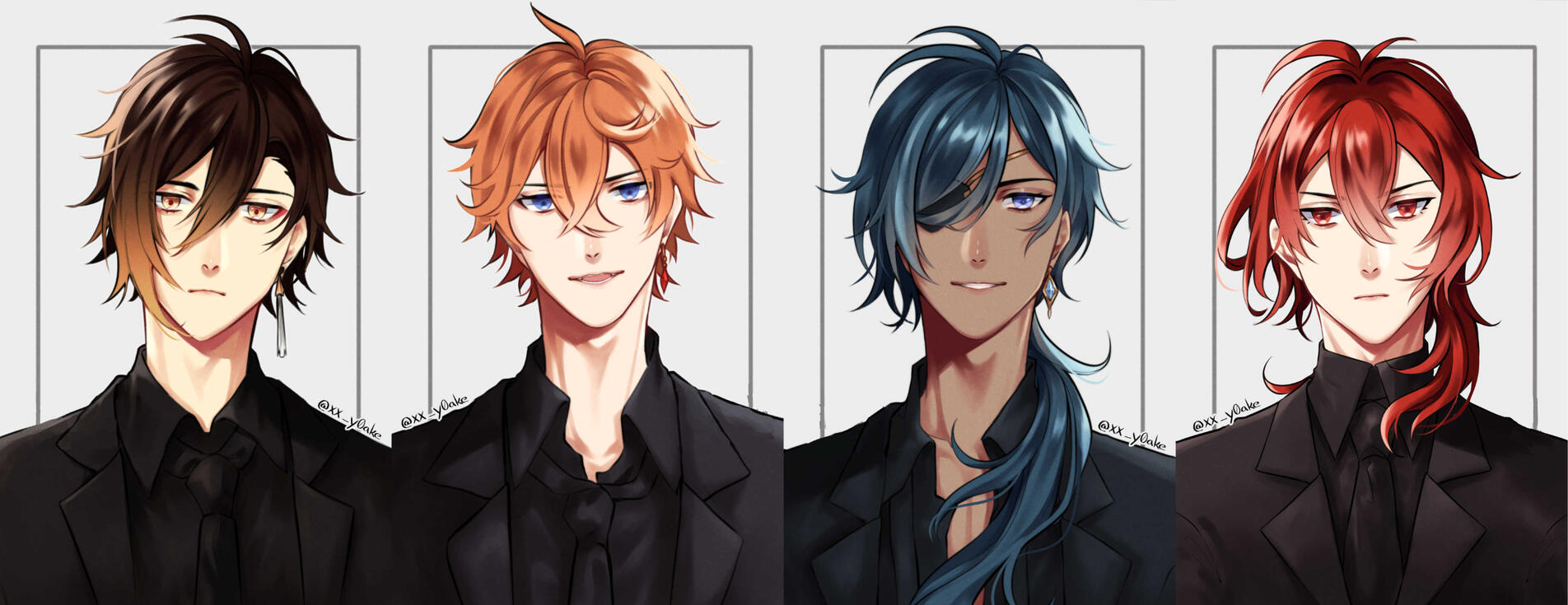 Headshot drawings from the character Zhongli, Childe, Kaeya and Diluc from the game Genshin Impact.