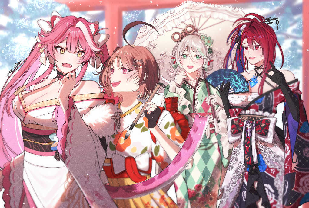 New year art of the new outfits of the Vtuber group Hololive English Justice with the members Raora, Gigi, Cecilia & Elizabeth.