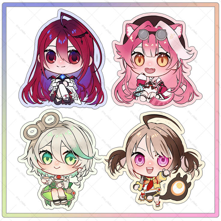 Chibi version of the Vtuber group Hololive English Justice with the members Raora, Gigi, Cecilia & Elizabeth.