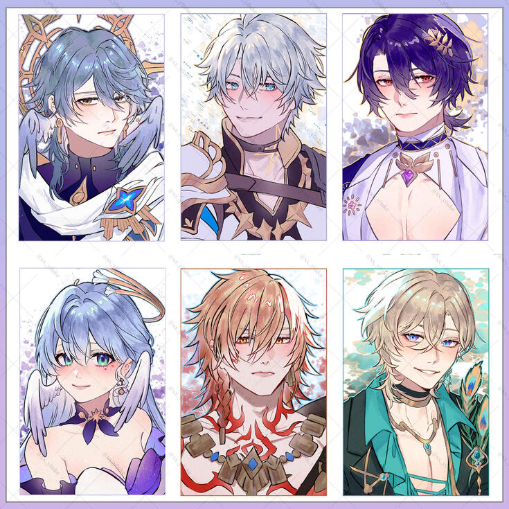 Bust-up of the character Sunday, Phainon, Ratio, Robin, Mydei and Aventurine from the game Honkai Star Rail.