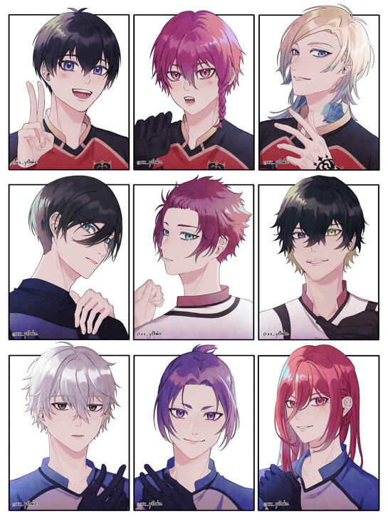 Headshot drawing of the character Isagi, Kurona, Kaiser, Rin, Sae, Aiku, Nagi, Reo & Chigiri.