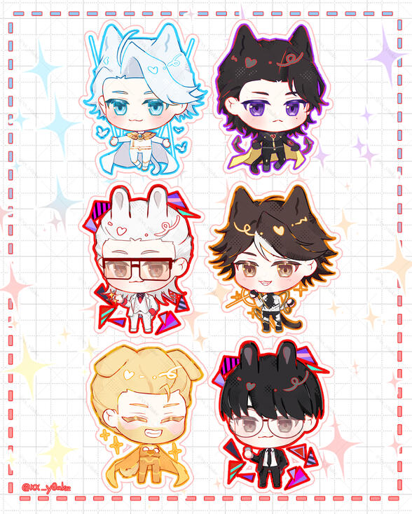 Chibi version of the characters Nice, Wreck, X, Lin Ling, Smile and civil X with animal traits from the show To Be Hero X.